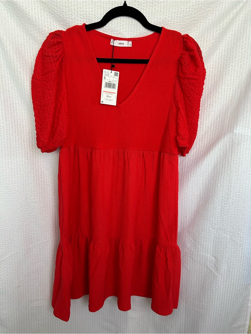 NWT Mango Bright Red Textured Puff Sleeve Tiered Mini Dress Size US 4 Small